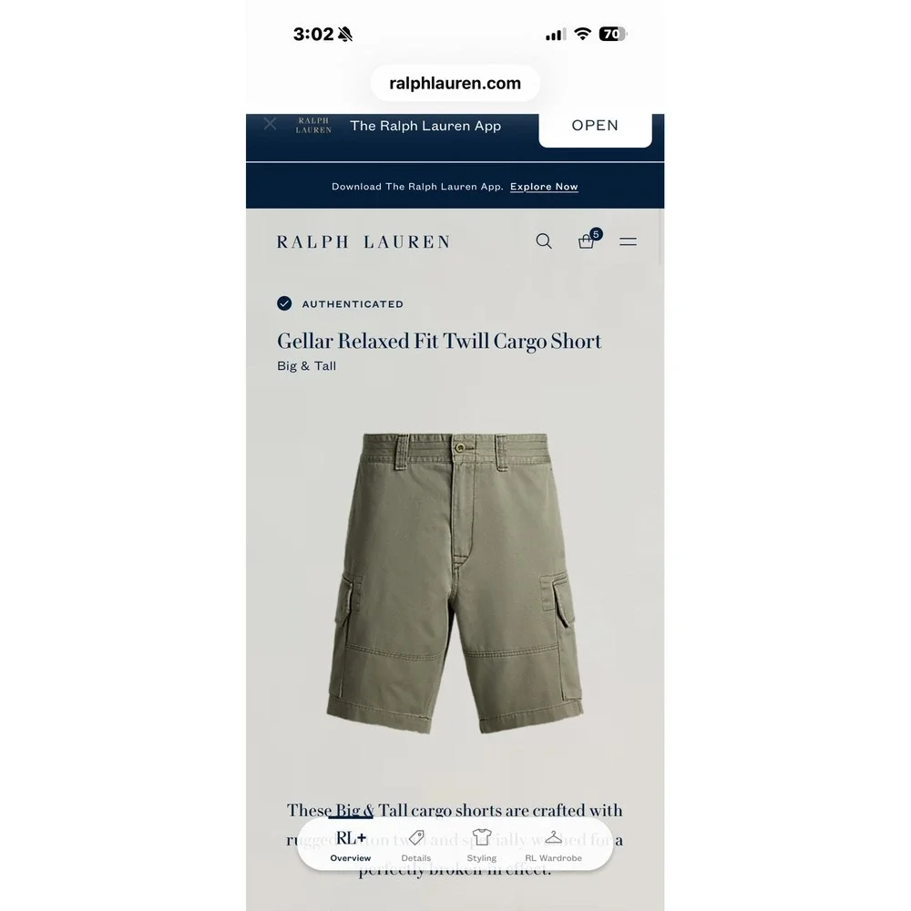 Polo Ralph Lauren Mens Size 46B Gellar Relaxed Fit Twill Cargo Shorts Green NWT